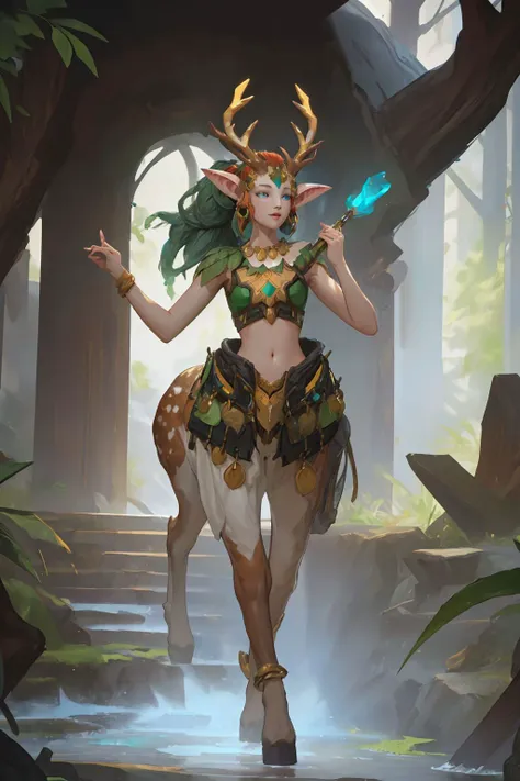 a woman in a costume with horns and a sword in a forest