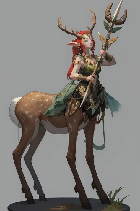 a woman with red hair and a green dress is riding a deer