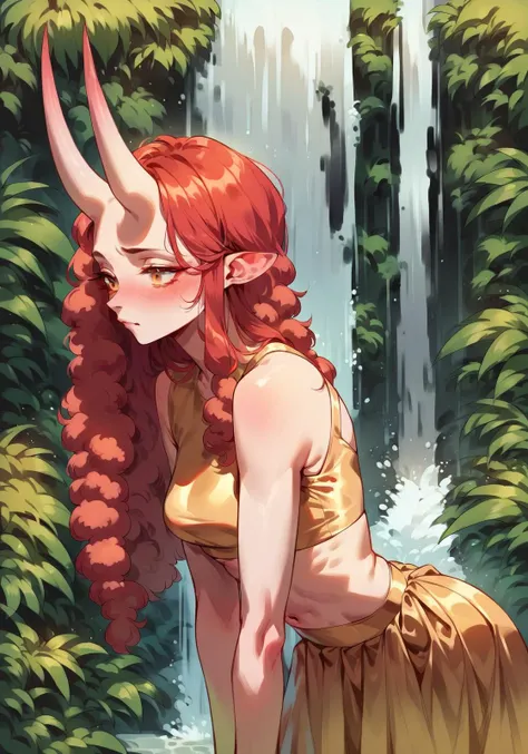 score_9,score_8_up,score_7_up,score_6_up,score_5_up,score_4_up rating_explicit,nsfw, plant, waterfall, gold theme, wide shot, leaning forward, indifferent, red hair, crop top,poodle skirt, layered haircut, oni horns, <lora:WonbinLeeXL:1>,