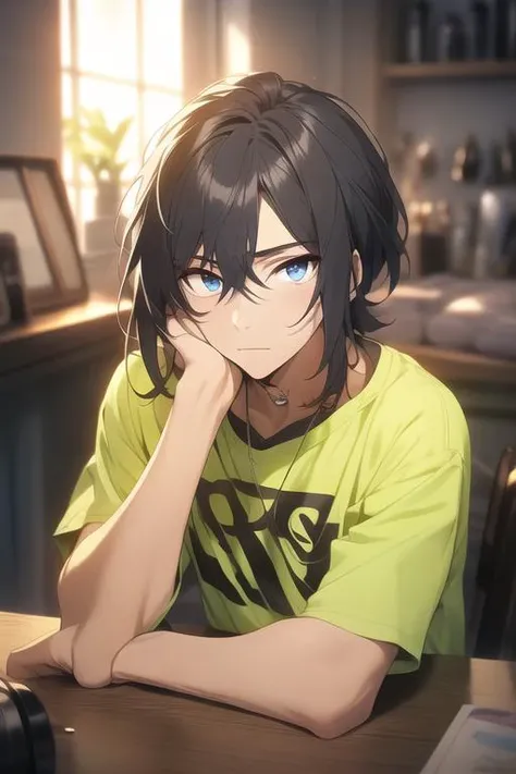 masterpiece, best quality, , 1boy, solo, male focus, looking at viewer, upper body, , <lora:ren_amaki:0.70>, ren_amaki, black hair, blue eyes, crew neck t-shirt, , steampunk,