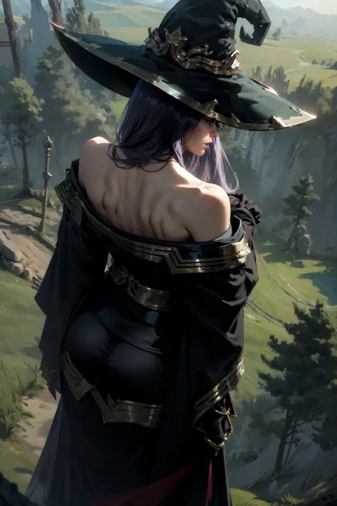 masterpiece, best quality, highres, 8k, <lora:OffShoulderKimono:1> kimono, from behind, off shoulder, shoulder blades <lora:goblinslayer_witch-10:1> gswitch, witch hat, black gloves, elbow gloves, bare shoulders, (shot from above:1.2)