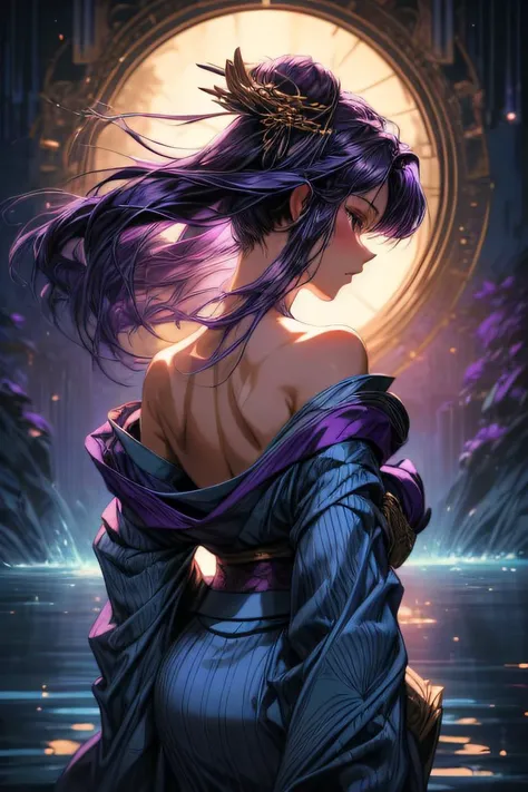 (best quality), (highly detailed), (masterpiece), (perfect lighting)
(1girl), (purple hair), (blue kimono), (OffShoulderKimono), (Flowing in the wind), (looking over shoulder
BREAK
(intricate Background), (backlighting
BREAK
(from behind)
 <lora:add_detail...