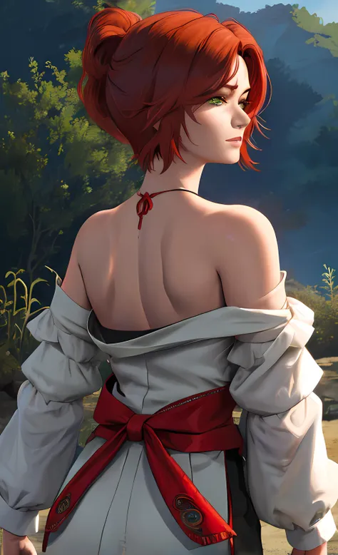 a close up of a woman with red hair and a white dress