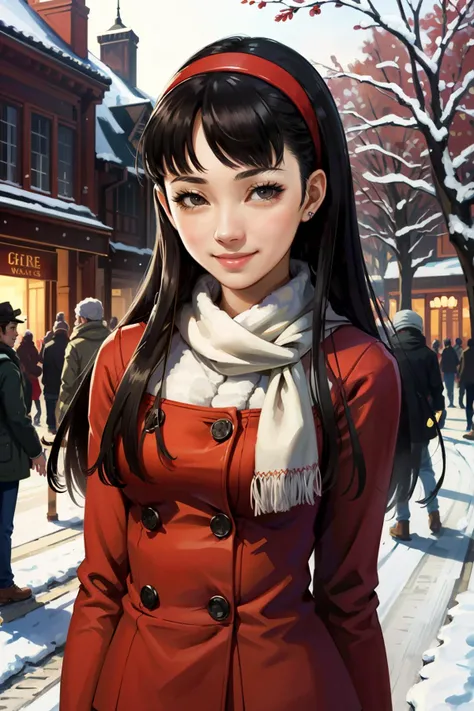 ((masterpiece, best quality))
 <lora:Persona4YukikoAmagi:0.8>
Persona4YukikoAmagi, 1girl, solo, long hair, black hair, brown eyes, headband, in a winter wonderland, cowboy shot, winter clothing, smile