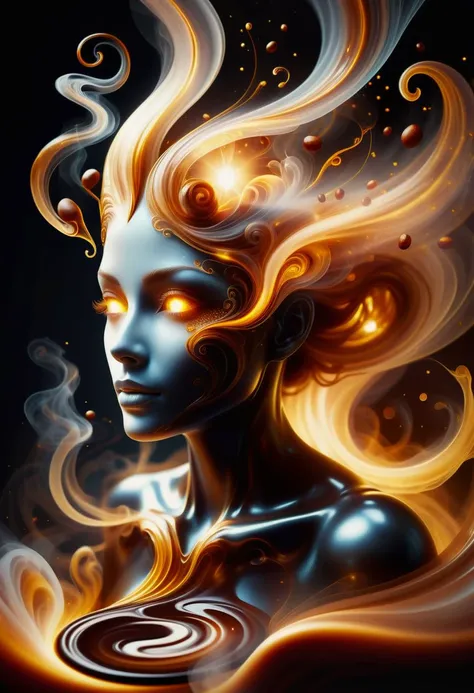 hyper detailed masterpiece, dynamic, awesome quality,female coffee spirit, transparent Ethereal entity embodying the essence of coffee,
          aroma of freshly brewed coffee, eyes shimmer like coffee beans,
          swirls of steam, human-like form, en...