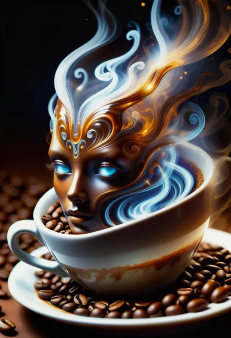 hyper detailed masterpiece, dynamic, awesome quality,female coffee spirit, transparent Ethereal entity embodying the essence of coffee,
          aroma of freshly brewed coffee, eyes shimmer like coffee beans,
          swirls of steam, human-like form, en...