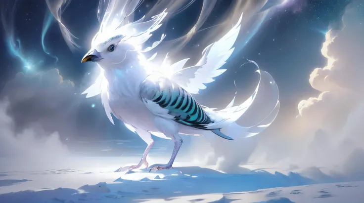 there is a white bird with blue wings standing on a snowy hill