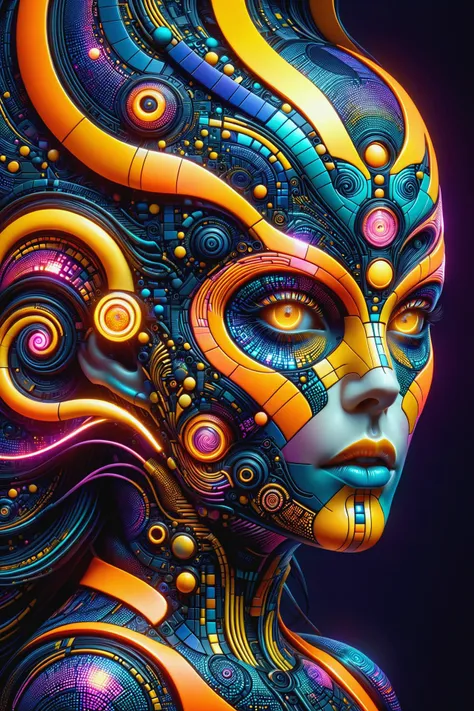 the head of a mad_colored_mosaic cyberpunk woman, DonMW15pXL,neon_orange, neon_yellow, floating arcane astral translucent swirls <lora:Colorful_Mosaic_SDXL:1>  <lora:DonMW15pXL:0.8> ,, <lora:EnvyBetterHiresFixXL01:1>, masterpiece, best quality, ultra high ...