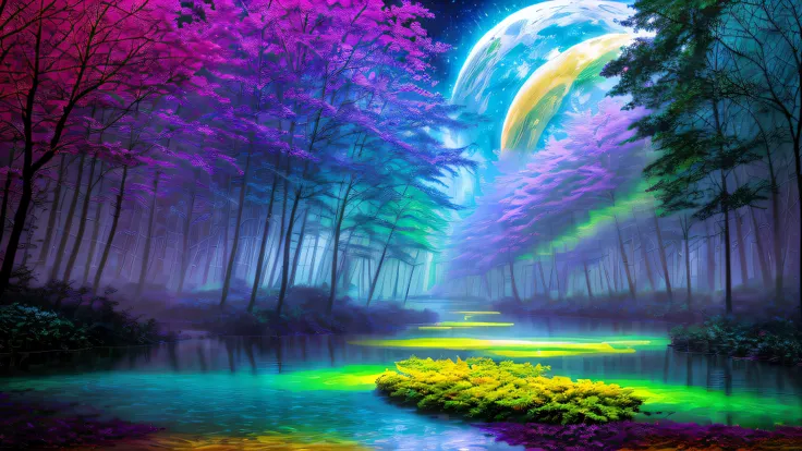 alex, watercolor, blacklight paint, bright pastel colors, deep lush forest, glowing jungle, (heavy neon misty fog), (very large ...