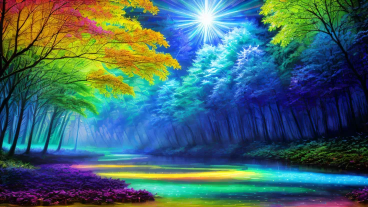 Alex, watercolor, blacklight paint, bright pastel colors, deep lush forest, glowing jungle, (heavy neon misty fog), (very large moon), (((rows of multicolored trees with glowing leaves))), (((long reflective river golden faces))), (psychedelic), ((bright c...