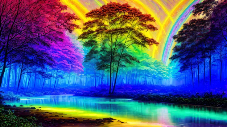 a rainbow colored painting of trees and water in a forest