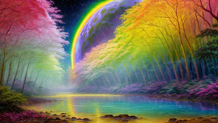 a painting of a rainbow over a river in a forest