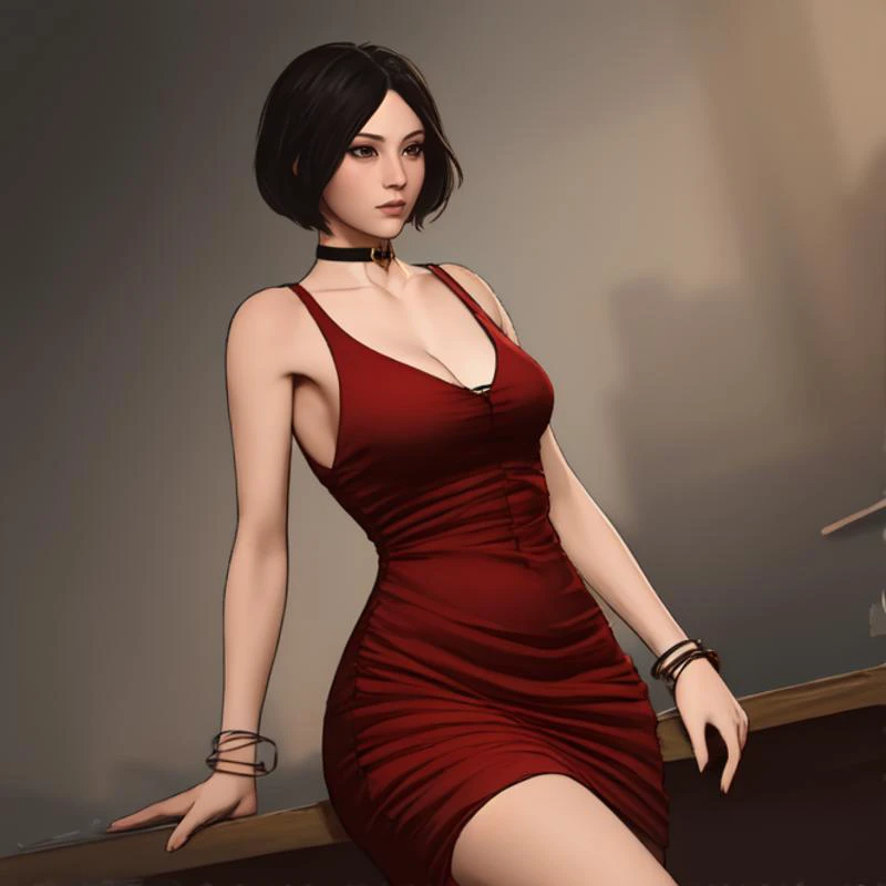 cowboy shot, solo,  <lora:tarakanovichStyleV2Str1:1> <lora:adaWongAnimStr06-08:0.7> ada, choker, brown eyes, bare shoulders, bob cut, dress, jewelry, red dress, bracelet, highres, Digital art, trending on artstation, best quality, insanely detailed, master...