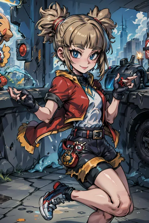 <lora:Kate:0.7> kate_(pokemon), 1girl, solo, jacket, gloves, fingerless gloves, smile, belt, shorts, bike shorts, shirt, open clothes, cropped jacket, short sleeves, shoes, blunt bangs, red jacket, black gloves, black shorts