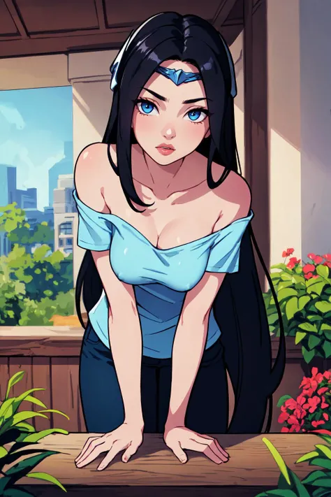 (masterpiece, best quality:1.3), 1girl, irelia, circlet, (t-shirt:1.4), loose, strapless, leaning forward, black legwear, medium breasts, topless, nipples, lips, upper body, cowboy shot, collarbone, bare shoulders, looking at viewer, blue eyes, black hair,...