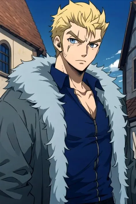 masterpiece, best quality, movie still, 1boy, solo, male focus, looking at viewer, , , , , <lora:laxus_dreyar:0.74>, laxus_dreyar, blonde hair, grey eyes, demon costume, ,