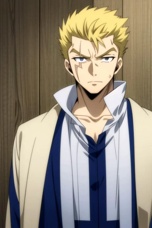 masterpiece, best quality, wallpaper, 1boy, solo, male focus, looking at viewer, upper body, , ligne claire, , <lora:laxus_dreyar:0.74>, laxus_dreyar, blonde hair, grey eyes, outlaw costume, ,