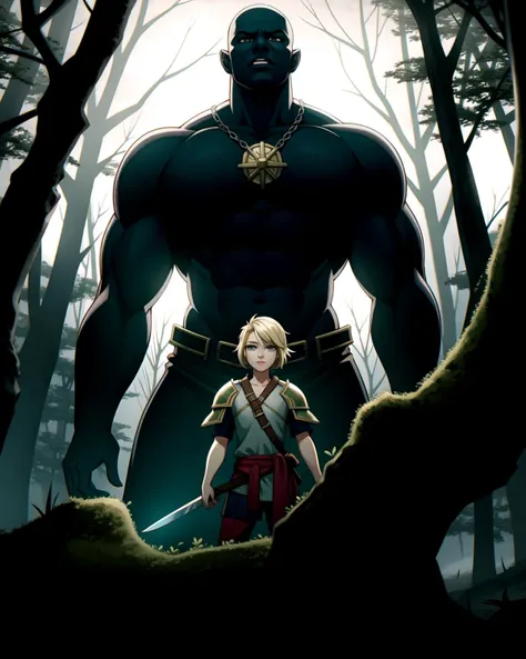 ((masterpiece), best quality, high quality, professional quality, highly detailed, highres, perfect lighting, natural lighting), Paladin wielding an enchanted sword, Oracle, Average Height, Skinny, Diamond-Shaped Face, Dark Skin, Platinum Blonde Hair, grey...