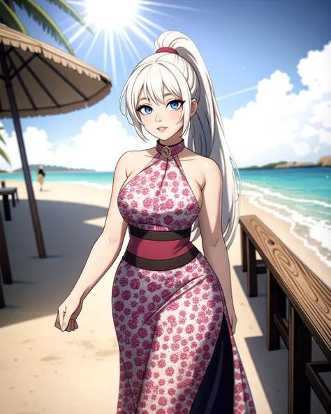 anime girl in a pink dress walking on a beach