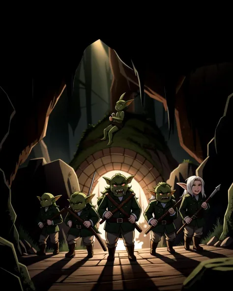 ((masterpiece), best quality, high quality, professional quality, highly detailed, highres, perfect lighting, natural lighting), goblin army, marching, dark cave, weapons drawn, ugly faces, long fangs, wearing ragged clothing, gross, disgusting
