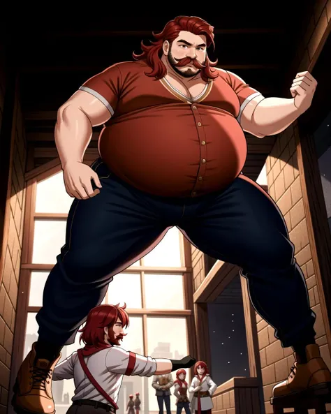 ((masterpiece), best quality, high quality, professional quality, highly detailed, highres, perfect lighting, natural lighting), (1boy, overweight, handsome, mustache, medium length hair, red hair), wearing fantasy clothing, fighting, in a fantasy town