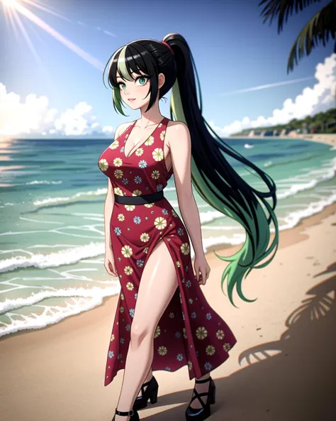 ((masterpiece), best quality, high quality, professional quality, highly detailed, highres, perfect lighting, natural lighting), (1girl, beautiful, medium breasts, (multicolored hair, green hair,white hair,black hair, long hair, high ponytail), perfecteyes...