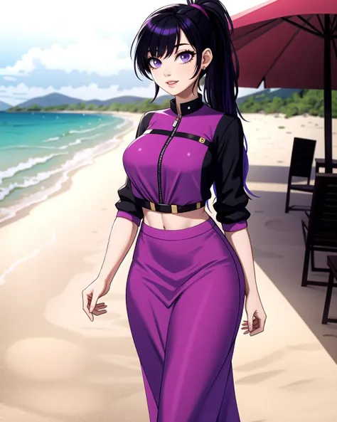 ((masterpiece), best quality, high quality, professional quality, highly detailed, highres, perfect lighting, natural lighting), (1girl, beautiful, medium breasts, (multicolored hair, purple hair,white hair,black hair, long hair, high ponytail), perfecteye...