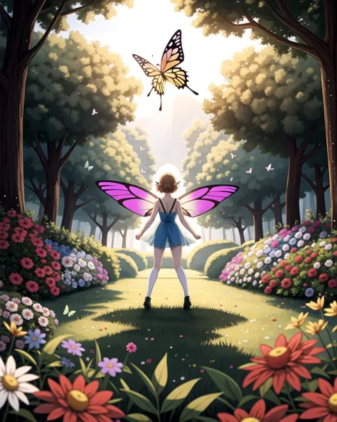 ((masterpiece), best quality, high quality, professional quality, highly detailed, highres, perfect lighting, natural lighting), group of fairies, butterfly wings, translucent wings, flying, magical garden