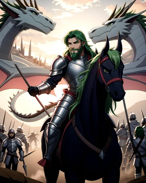 ((masterpiece), best quality, high quality, professional quality, highly detailed, highres, perfect lighting, natural lighting), (1boy, slender, handsome, long beard, medium length hair, green hair), wearing armor, riding a dragon, on a battlefield