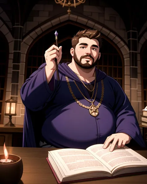 ((masterpiece), best quality, high quality, professional quality, highly detailed, highres, perfect lighting, natural lighting), (1boy, overweight, handsome, goatee, short hair, brown hair), wearing wizard robes, casting a spell, in a castle