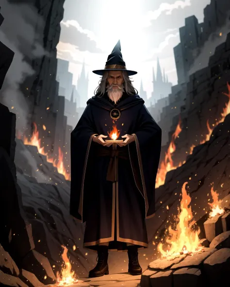 ((masterpiece), best quality, high quality, professional quality, highly detailed, highres, perfect lighting, natural lighting), old wizard, wearing wizard robes, casting a fire spell, on a cliff