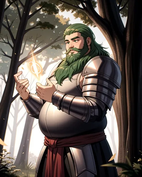 ((masterpiece), best quality, high quality, professional quality, highly detailed, highres, perfect lighting, natural lighting), (1boy, overweight, handsome, long beard, short hair, green hair), wearing armor, casting a spell, outdoors
