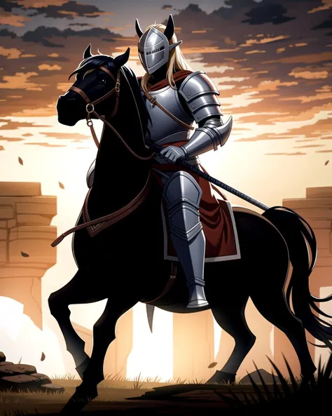 ((masterpiece), best quality, high quality, professional quality, highly detailed, highres, perfect lighting, natural lighting), knight, wearing armor, holding weapon, horseback, stallion, battle against orcs
