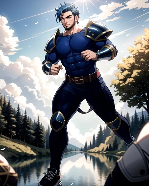 ((masterpiece), best quality, high quality, professional quality, highly detailed, highres, perfect lighting, natural lighting), (1boy, muscular, handsome, no facial hair, short hair, blue hair), wearing armor, running, by a lake