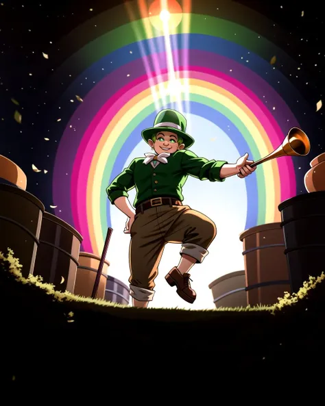 ((masterpiece), best quality, high quality, professional quality, highly detailed, highres, perfect lighting, natural lighting), leprechaun, hopping, on rainbow, holding pot of gold
