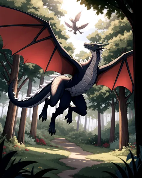 ((masterpiece), best quality, high quality, professional quality, highly detailed, highres, perfect lighting, natural lighting), silver dragon, soaring over forest, lush green trees