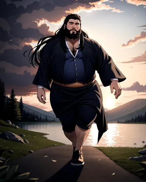 ((masterpiece), best quality, high quality, professional quality, highly detailed, highres, perfect lighting, natural lighting), (1boy, overweight, handsome, long beard, long hair, black hair), wearing wizard robes, running, by a lake