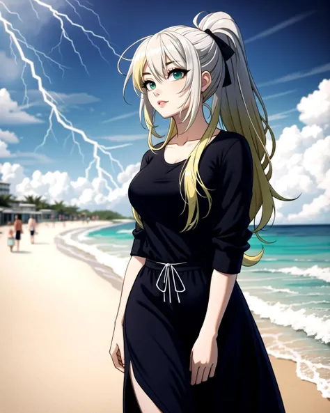 ((masterpiece), best quality, high quality, professional quality, highly detailed, highres, perfect lighting, natural lighting), (1girl, beautiful, medium breasts, (multicolored hair, silver hair,green hair,blonde hair, long hair, high ponytail), perfectey...