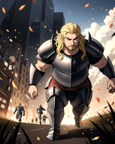 ((masterpiece), best quality, high quality, professional quality, highly detailed, highres, perfect lighting, natural lighting), (1boy, overweight, handsome, goatee, medium length hair, blonde hair), wearing armor, running, on a battlefield