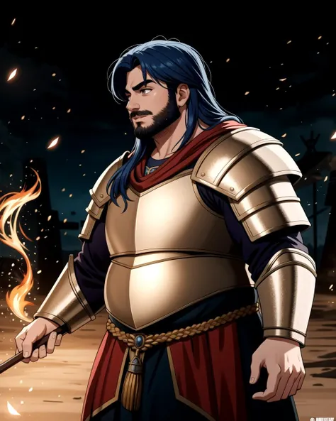 ((masterpiece), best quality, high quality, professional quality, highly detailed, highres, perfect lighting, natural lighting), (1boy, overweight, handsome, no facial hair, long hair, blue hair), wearing armor, casting a spell, on a battlefield