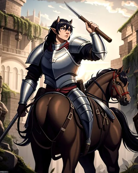 ((masterpiece), best quality, high quality, professional quality, highly detailed, highres, perfect lighting, natural lighting), knight, wearing armor, holding weapon, horseback, stallion, battle against orcs