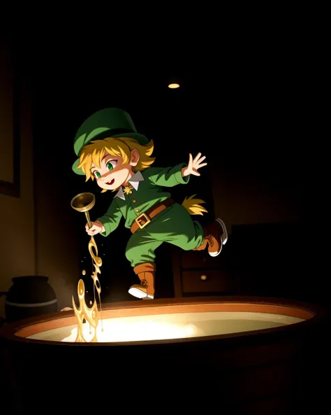 ((masterpiece), best quality, high quality, professional quality, highly detailed, highres, perfect lighting, natural lighting), leprechaun, hopping, on rainbow, holding pot of gold