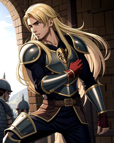 ((masterpiece), best quality, high quality, professional quality, highly detailed, highres, perfect lighting, natural lighting), (1boy, slender, handsome, no facial hair, long hair, blonde hair), wearing armor, fighting, in a fantasy town