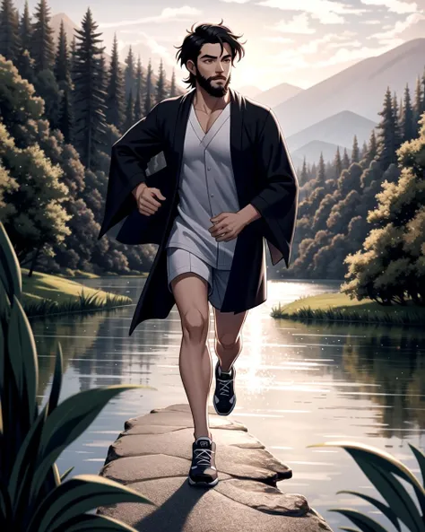 ((masterpiece), best quality, high quality, professional quality, highly detailed, highres, perfect lighting, natural lighting), (1boy, slender, handsome, long beard, short hair, black hair), wearing wizard robes, running, by a lake