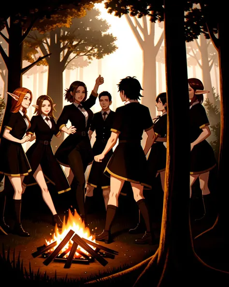 ((masterpiece), best quality, high quality, professional quality, highly detailed, highres, perfect lighting, natural lighting), group of elves, dancing, bonfire, in forest, surrounded by large trees
