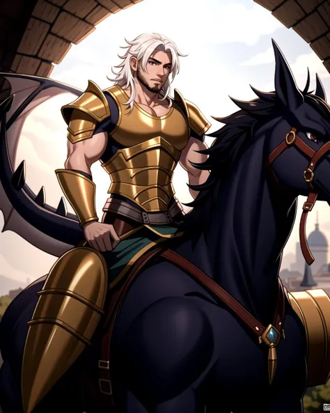 ((masterpiece), best quality, high quality, professional quality, highly detailed, highres, perfect lighting, natural lighting), (1boy, muscular, handsome, goatee, medium length hair, white hair), wearing armor, riding a dragon, outdoors
