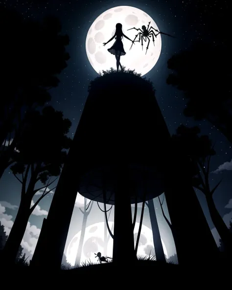 ((masterpiece), best quality, high quality, professional quality, highly detailed, highres, perfect lighting, natural lighting), giant spider, weaving web, between two trees, at night, moonlight, terrifying, horror theme