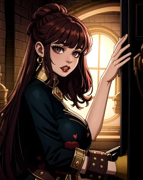 ((masterpiece), best quality, high quality, professional quality, highly detailed, highres, perfect lighting, natural lighting), mysterious, zombie, Dark Skin, Redhead with curly hair styled in a loose updo, magenta metallic lipstick, A bloodstained hand r...