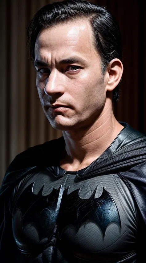 Closep photo portrait of Batman, (ahegao), frontal view, atmospheric scene, masterpiece, best quality, (detailed beautiful face, detail skin texture, ultra-detailed body:1.1), <lyco:Tom HanksV2:1>