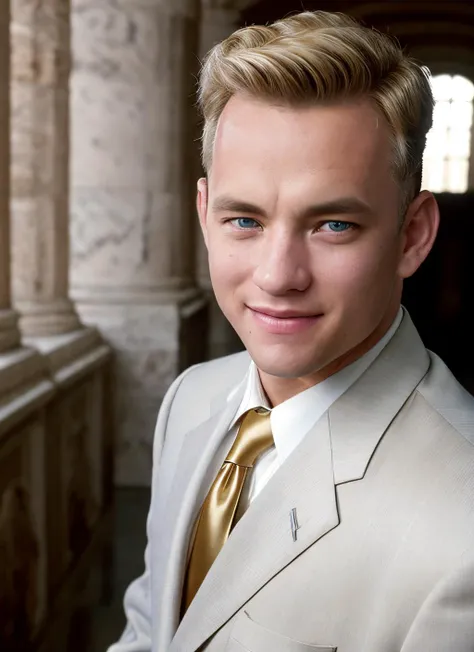 portrait of sksperson man, smile, wearing suit , with taper fade light blonde Crew cut , background colosseum epic (photo, studio lighting, hard light, sony a7, 50 mm, matte skin, pores, colors, hyperdetailed, hyperrealistic), <lyco:Tom HanksV2:1.0>